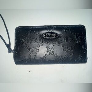 Ed Hardy Black Embossed Skull Zip Wallet w/ wrist strap